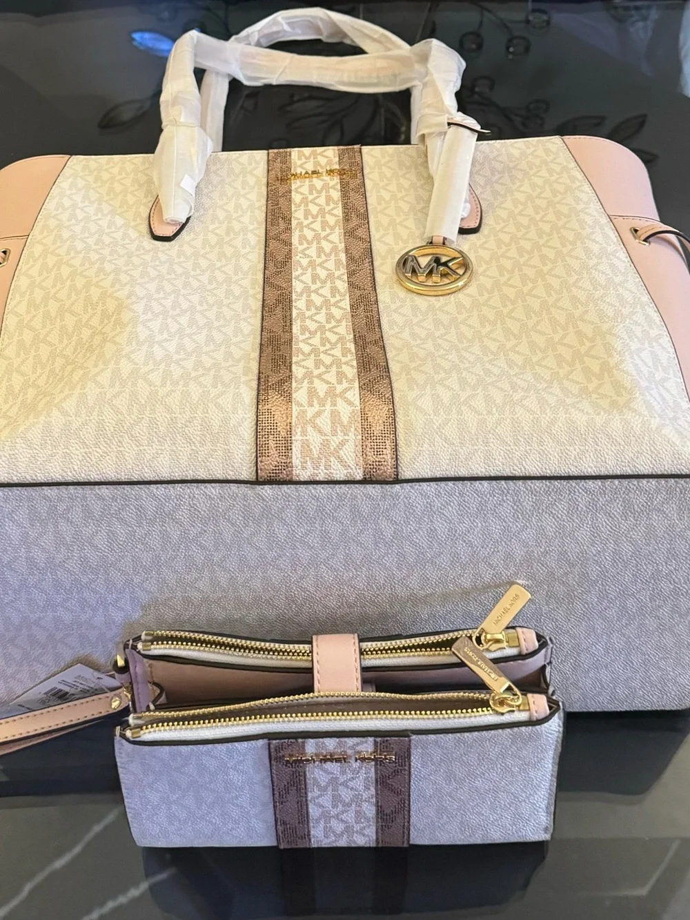 Michael Kors Cream and Brown Logo Wristlet and Clutch Set
